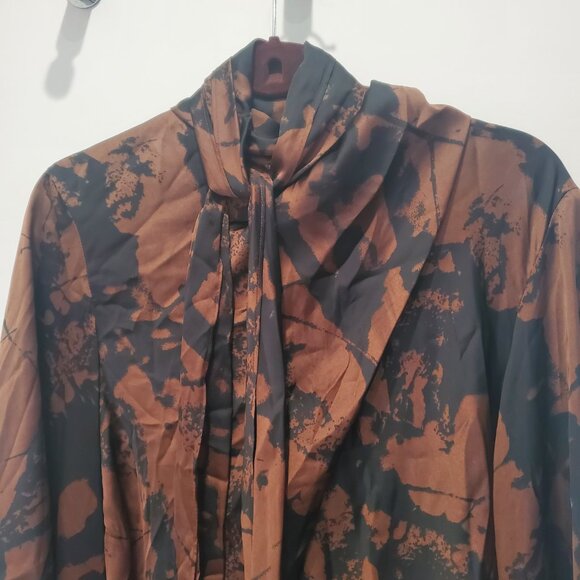 Zara New Brown & Black Abstract Tie Front Blouse with Full Cut Out Long Sleeve L - Picture 3 of 15